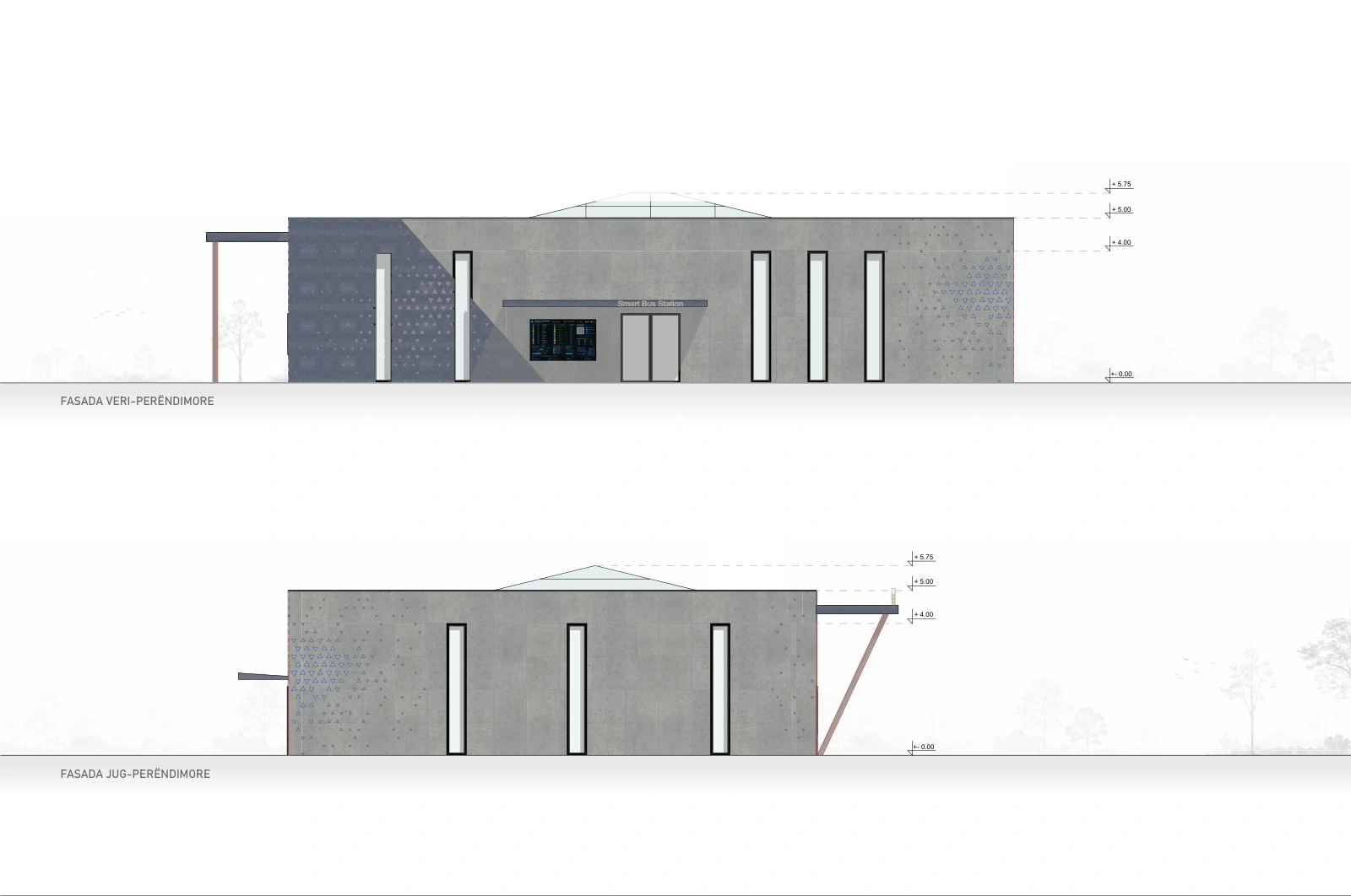 Northwest and southwest orthographic bus station elevations