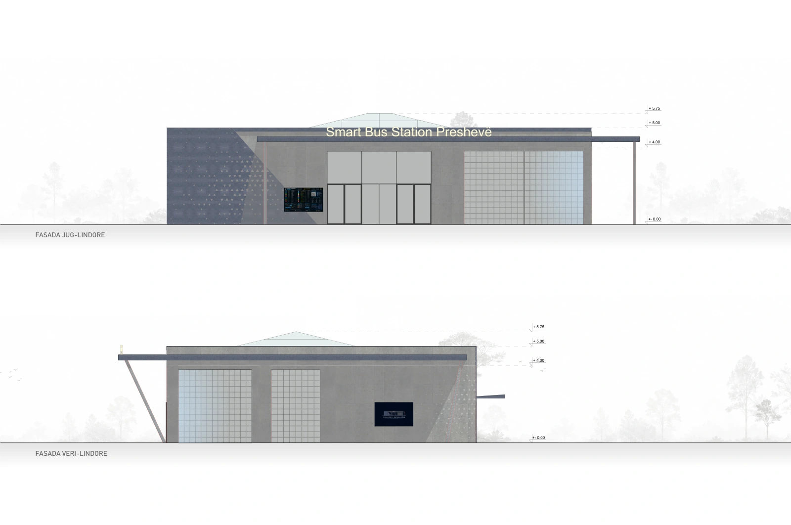 Southeast and northeast orthographic bus station elevations