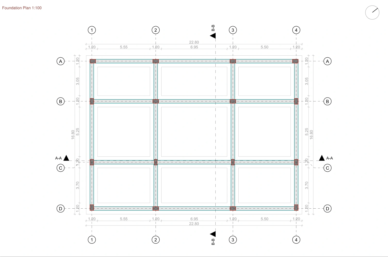 Bus station foundation plan with structural grid, dimensions and section markers