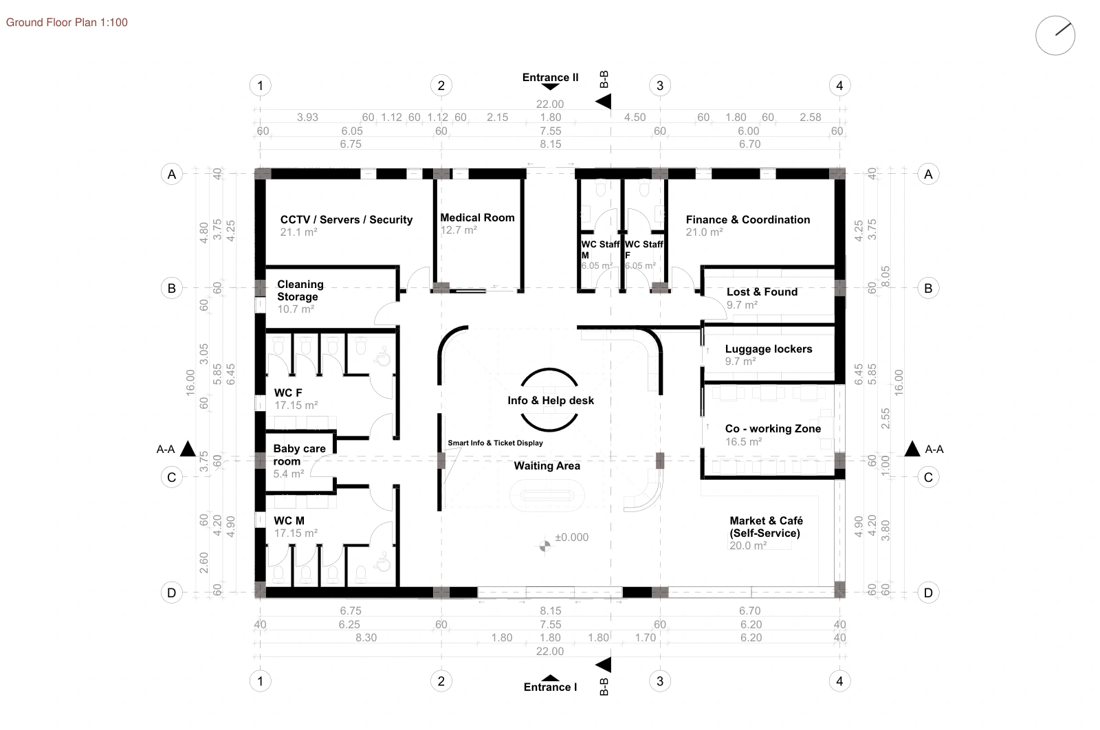 AI Bus Station ground floor with room labels, structural axes, sections and dimensions