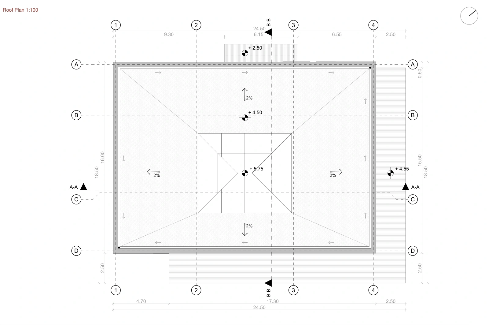 Bus station roof plan with central skylight, slopes, levels and dimensions