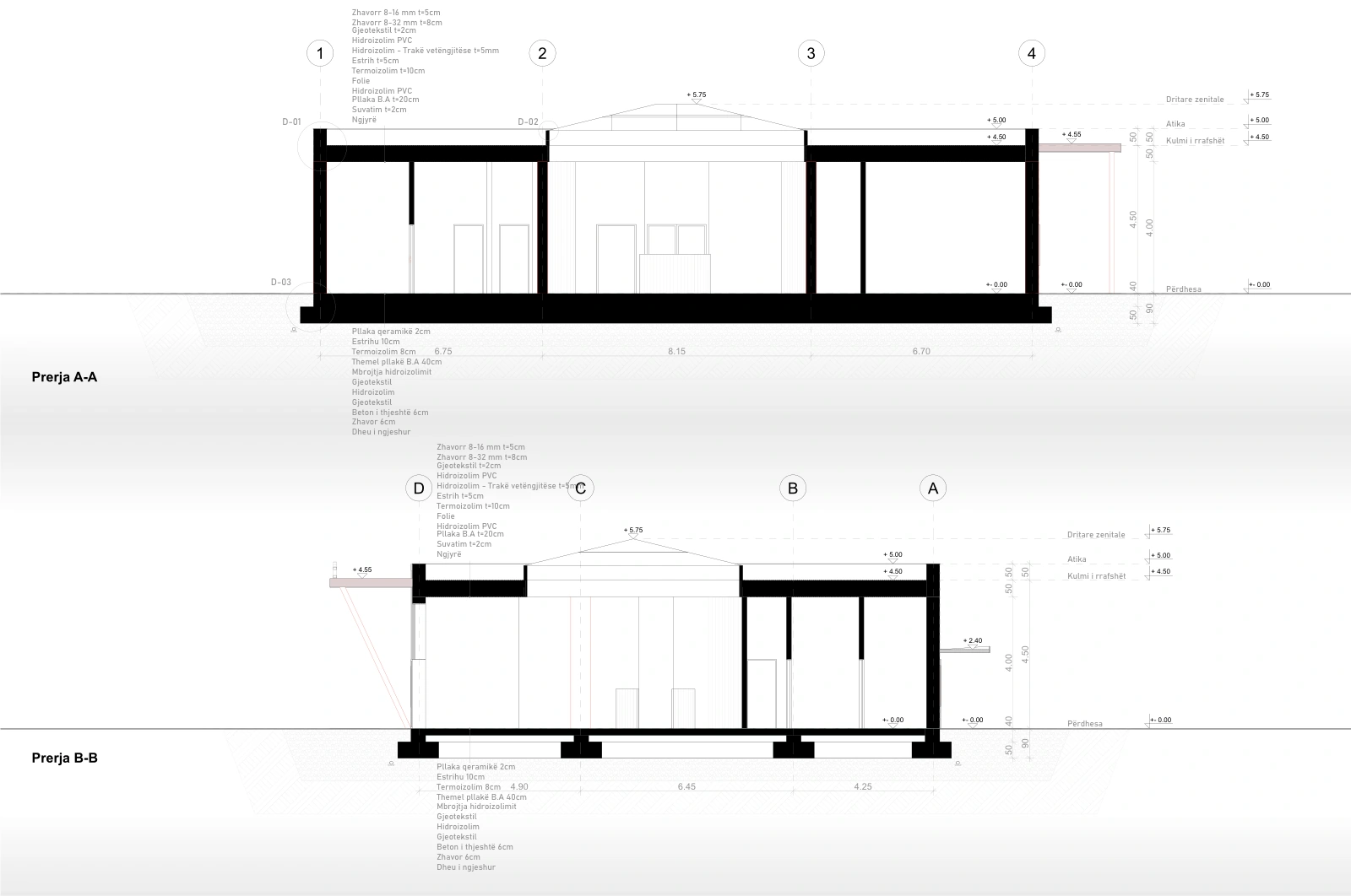 Architectural sections A-A and B-B showing structure, roof and internal spaces