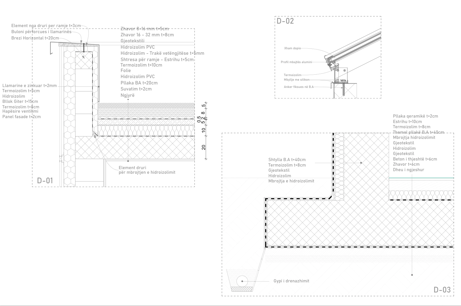 Construction details D-01, D-02 and D-03 showing roof, facade and foundation assemblies